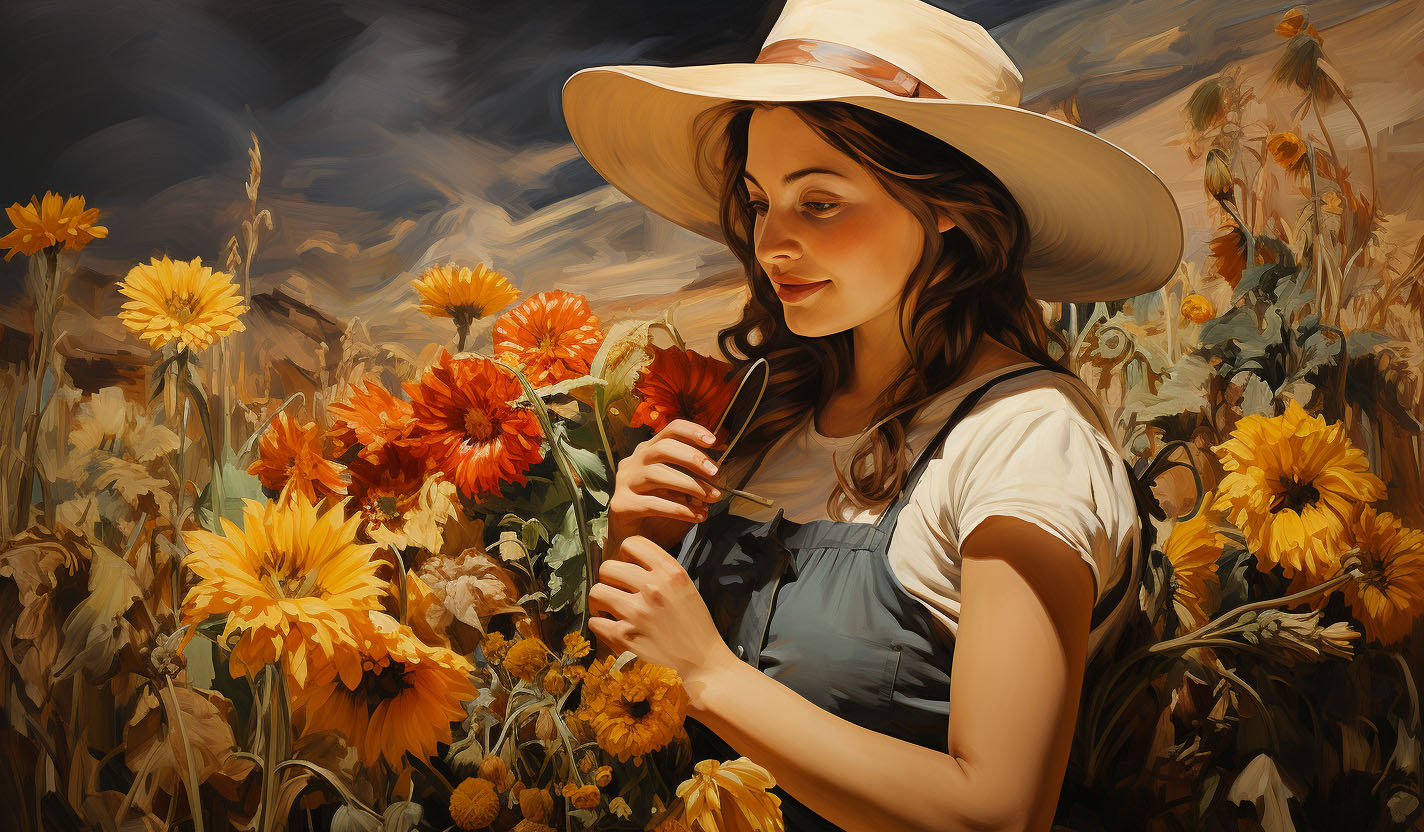 a-painting-of-a-woman-in-a-hat-holding-a-flower